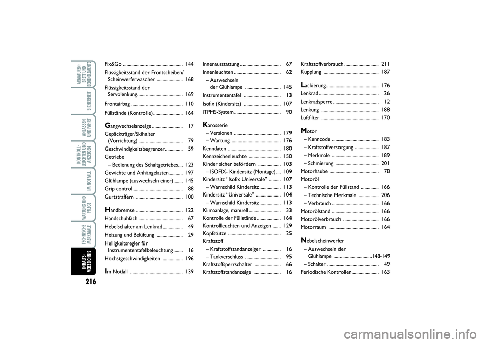 FIAT SCUDO 2016  Betriebsanleitung (in German) 216KONTROLL-
LEUCHTEN UND
ANZEIGENARMATUREN-
BRETT UND
BEDIENELEMENTE
SICHERHEITANLASSEN 
UND FAHRTIM NOTFALLWARTUNG UND
PFLEGETECHNISCHE
MERKMALEINHALTS-
VERZEICHNIS
Innenausstattung.................