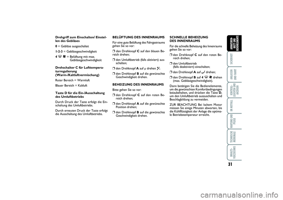FIAT SCUDO 2015  Betriebsanleitung (in German) 31
SICHERHEITANLASSEN 
UND FAHRTKONTROLL-
LEUCHTEN UND
ANZEIGENIM NOTFALLWARTUNG UND
PFLEGETECHNISCHE
MERKMALEINHALTS-
VERZEICHNISARMATUREN-
BRETT UND
BEDIENELEMENTE
Drehgriff zum Einschalten/ Einstel