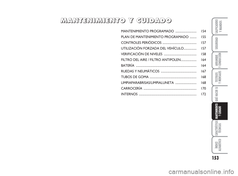 FIAT SCUDO 2010  Manual de Empleo y Cuidado (in Spanish) 153
SEGURIDAD
ARRANQUE
Y CONDUCCIÓN
TESTIGOS
Y MENSAJES
CARACTERÍSTICASTÉCNICAS
ÍNDICE
ALFABÉTICO
SALPICADERO
Y MANDOS
QUÉ HACER SI
MANTENIMIENTO
Y CUIDADO
MANTENIMIENTO PROGRAMADO .............