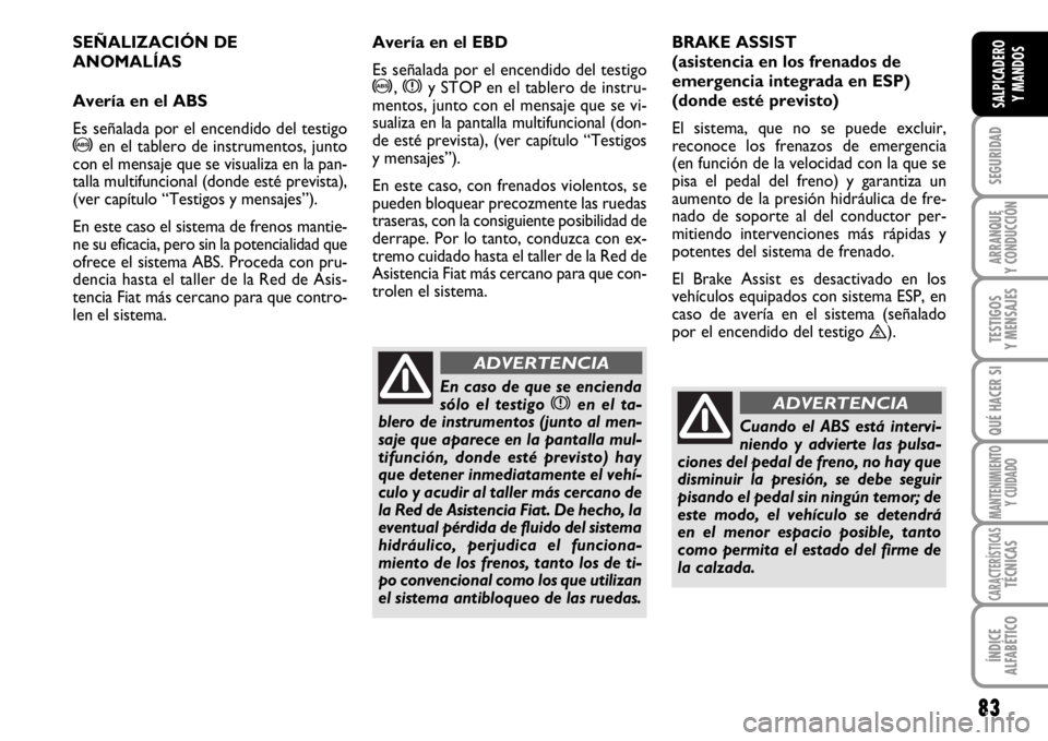 FIAT SCUDO 2010 Manual de Empleo y Cuidado (in Spanish) 83
SEGURIDAD
ARRANQUE
Y CONDUCCIÓN
TESTIGOS
Y MENSAJES
QUÉ HACER SI
MANTENIMIENTO
Y CUIDADO
CARACTERÍSTICASTÉCNICAS
ÍNDICE
ALFABÉTICO
SALPICADERO
Y MANDOS
SEÑALIZACIÓN DE
ANOMALÍAS
Avería en FIAT SCUDO 2010 Manual de Empleo y Cuidado (in Spanish) 83
SEGURIDAD
ARRANQUE
Y CONDUCCIÓN
TESTIGOS
Y MENSAJES
QUÉ HACER SI
MANTENIMIENTO
Y CUIDADO
CARACTERÍSTICASTÉCNICAS
ÍNDICE
ALFABÉTICO
SALPICADERO
Y MANDOS
SEÑALIZACIÓN DE
ANOMALÍAS
Avería en