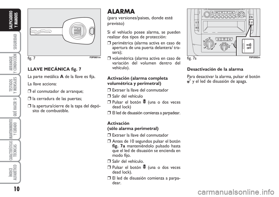 FIAT SCUDO 2011 Manual de Empleo y Cuidado (in Spanish) 10
SEGURIDAD
ARRANQUE
Y CONDUCCIÓN
TESTIGOS
Y MENSAJES
QUÉ HACER SI
MANTENIMIENTO
Y CUIDADO
CARACTERÍSTICASTÉCNICAS
ÍNDICE
ALFABÉTICO
SALPICADERO
Y MANDOS
LLAVE MECÁNICA fig. 7
La parte metáli FIAT SCUDO 2011 Manual de Empleo y Cuidado (in Spanish) 10
SEGURIDAD
ARRANQUE
Y CONDUCCIÓN
TESTIGOS
Y MENSAJES
QUÉ HACER SI
MANTENIMIENTO
Y CUIDADO
CARACTERÍSTICASTÉCNICAS
ÍNDICE
ALFABÉTICO
SALPICADERO
Y MANDOS
LLAVE MECÁNICA fig. 7
La parte metáli