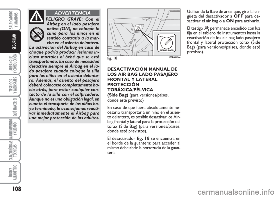 FIAT SCUDO 2011  Manual de Empleo y Cuidado (in Spanish) 108
ARRANQUE
Y CONDUCCIÓN
TESTIGOS
Y MENSAJES
QUÉ HACER SI
MANTENIMIENTO
Y CUIDADO
CARACTERÍSTICASTÉCNICAS
ÍNDICE
ALFABÉTICO
SALPICADERO
Y MANDOS
SEGURIDAD
DESACTIVACIÓN MANUAL DE
LOS AIR BAG L