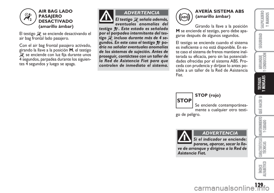 FIAT SCUDO 2011  Manual de Empleo y Cuidado (in Spanish) 129
SEGURIDAD
ARRANQUE
Y CONDUCCIÓN
QUÉ HACER SI
MANTENIMIENTO
Y CUIDADO
CARACTERÍSTICASTÉCNICAS
ÍNDICE
ALFABÉTICO
SALPICADERO
Y MANDOS
TESTIGOS
Y MENSAJES
STOP (rojo)
Se enciende contemporánea