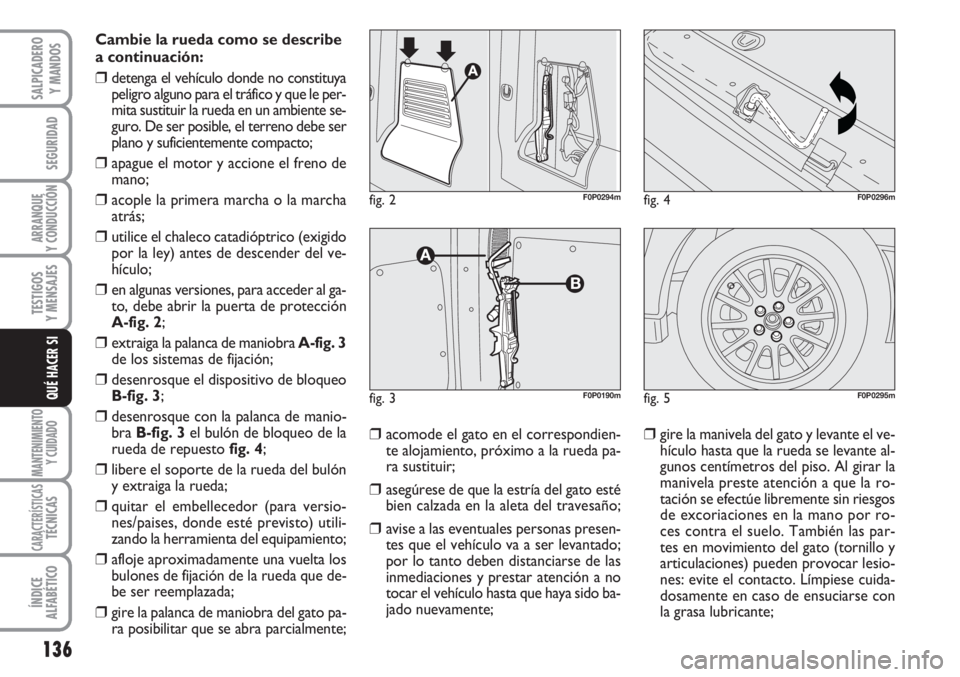 FIAT SCUDO 2011  Manual de Empleo y Cuidado (in Spanish) 136
SEGURIDAD
ARRANQUE
Y CONDUCCIÓN
TESTIGOS
Y MENSAJES
MANTENIMIENTO
Y CUIDADO
CARACTERÍSTICASTÉCNICAS
ÍNDICE
ALFABÉTICO
SALPICADERO
Y MANDOS
QUÉ HACER SI
Cambie la rueda como se describe
a con