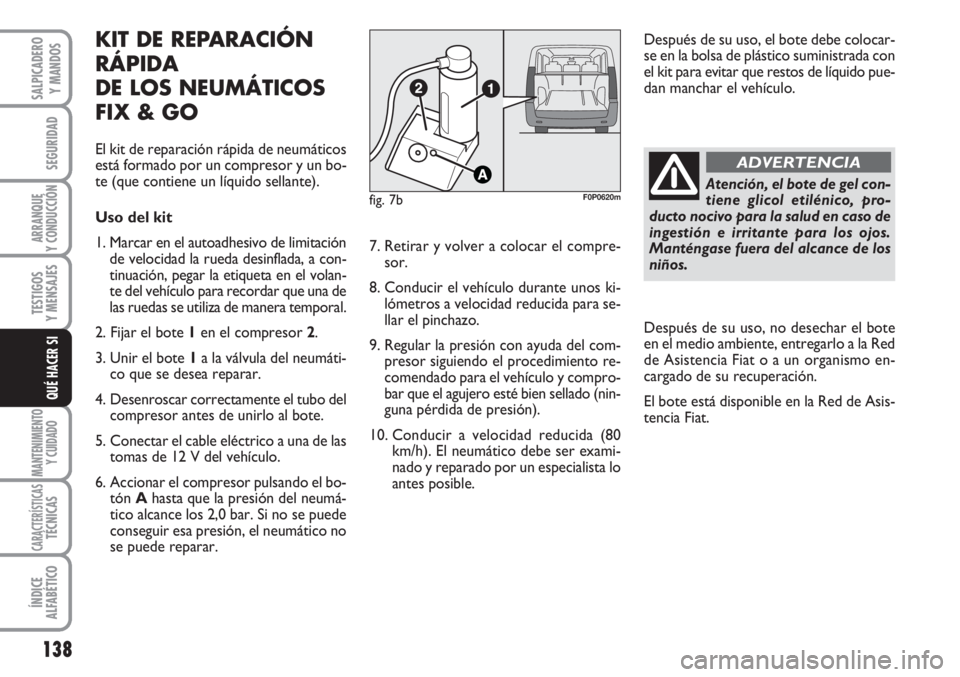 FIAT SCUDO 2011  Manual de Empleo y Cuidado (in Spanish) 138
SEGURIDAD
ARRANQUE
Y CONDUCCIÓN
TESTIGOS
Y MENSAJES
MANTENIMIENTO
Y CUIDADO
CARACTERÍSTICASTÉCNICAS
ÍNDICE
ALFABÉTICO
SALPICADERO
Y MANDOS
QUÉ HACER SI
Atención, el bote de gel con-
tiene g
