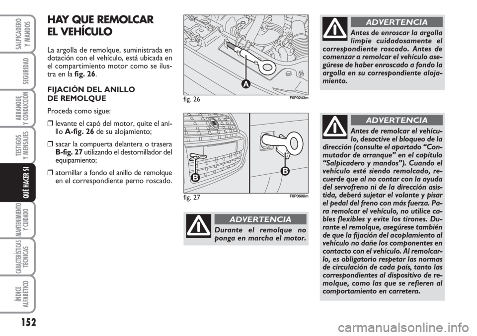 FIAT SCUDO 2011  Manual de Empleo y Cuidado (in Spanish) 152
SEGURIDAD
ARRANQUE
Y CONDUCCIÓN
TESTIGOS
Y MENSAJES
MANTENIMIENTO
Y CUIDADO
CARACTERÍSTICASTÉCNICAS
ÍNDICE
ALFABÉTICO
SALPICADERO
Y MANDOS
QUÉ HACER SI
Durante el remolque no
ponga en marcha