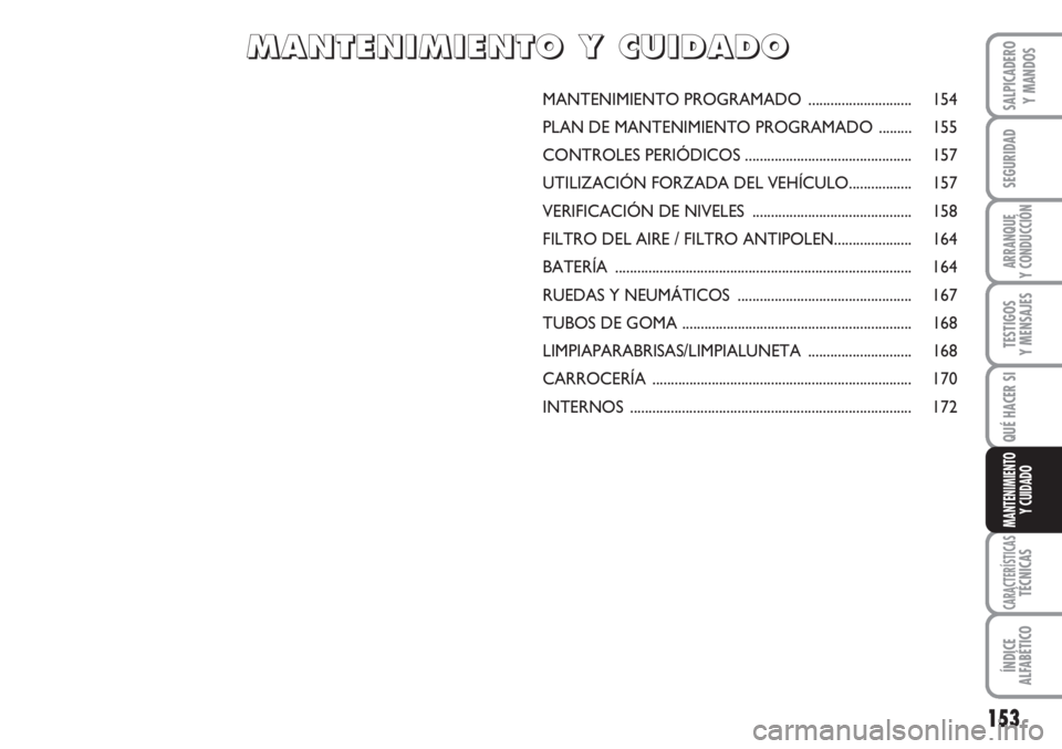 FIAT SCUDO 2011  Manual de Empleo y Cuidado (in Spanish) 153
SEGURIDAD
ARRANQUE
Y CONDUCCIÓN
TESTIGOS
Y MENSAJES
CARACTERÍSTICASTÉCNICAS
ÍNDICE
ALFABÉTICO
SALPICADERO
Y MANDOS
QUÉ HACER SI
MANTENIMIENTO
Y CUIDADO
MANTENIMIENTO PROGRAMADO .............