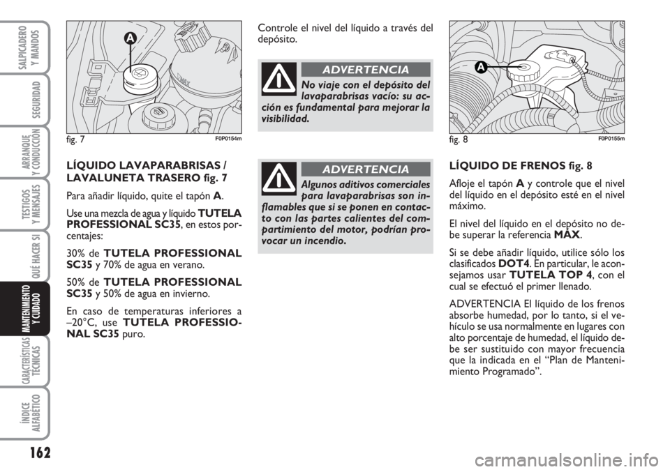 FIAT SCUDO 2011  Manual de Empleo y Cuidado (in Spanish) 162
SEGURIDAD
ARRANQUE
Y CONDUCCIÓN
TESTIGOS
Y MENSAJES
CARACTERÍSTICASTÉCNICAS
ÍNDICE
ALFABÉTICO
SALPICADERO
Y MANDOS
QUÉ HACER SI
MANTENIMIENTO
Y CUIDADO
LÍQUIDO DE FRENOS fig. 8
Afloje el ta