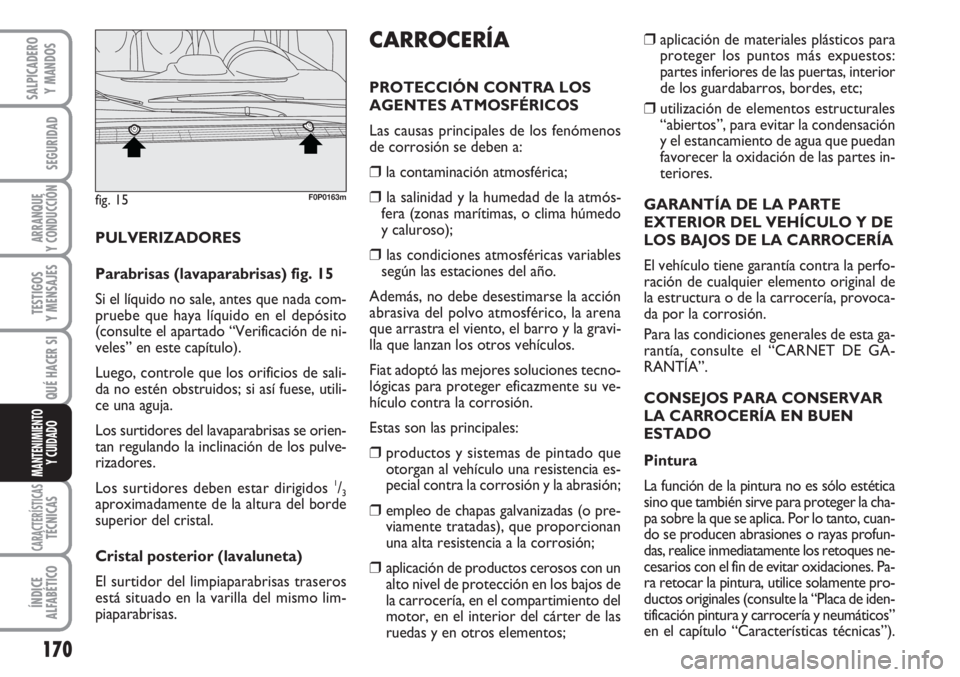 FIAT SCUDO 2011  Manual de Empleo y Cuidado (in Spanish) 170
SEGURIDAD
ARRANQUE
Y CONDUCCIÓN
TESTIGOS
Y MENSAJES
CARACTERÍSTICASTÉCNICAS
ÍNDICE
ALFABÉTICO
SALPICADERO
Y MANDOS
QUÉ HACER SI
MANTENIMIENTO
Y CUIDADO
❒aplicación de materiales plástico