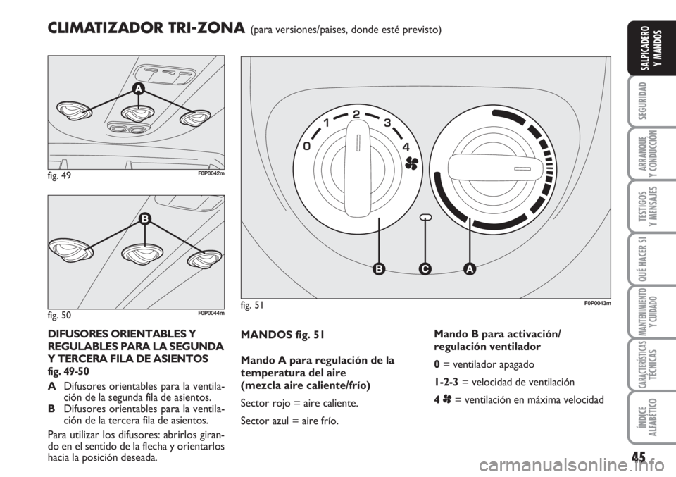 FIAT SCUDO 2011 Manual de Empleo y Cuidado (in Spanish) 45
SEGURIDAD
ARRANQUE
Y CONDUCCIÓN
TESTIGOS
Y MENSAJES
QUÉ HACER SI
MANTENIMIENTO
Y CUIDADO
CARACTERÍSTICASTÉCNICAS
ÍNDICE
ALFABÉTICO
SALPICADERO
Y MANDOS
MANDOS fig. 51
Mando A para regulación FIAT SCUDO 2011 Manual de Empleo y Cuidado (in Spanish) 45
SEGURIDAD
ARRANQUE
Y CONDUCCIÓN
TESTIGOS
Y MENSAJES
QUÉ HACER SI
MANTENIMIENTO
Y CUIDADO
CARACTERÍSTICASTÉCNICAS
ÍNDICE
ALFABÉTICO
SALPICADERO
Y MANDOS
MANDOS fig. 51
Mando A para regulación