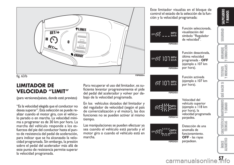 FIAT SCUDO 2011 Manual de Empleo y Cuidado (in Spanish) 57
SEGURIDAD
ARRANQUE
Y CONDUCCIÓN
TESTIGOS
Y MENSAJES
QUÉ HACER SI
MANTENIMIENTO
Y CUIDADO
CARACTERÍSTICASTÉCNICAS
ÍNDICE
ALFABÉTICO
SALPICADERO
Y MANDOS
fig. 63/bF0P0055m
F0P0338m
F0P0339m
F0P FIAT SCUDO 2011 Manual de Empleo y Cuidado (in Spanish) 57
SEGURIDAD
ARRANQUE
Y CONDUCCIÓN
TESTIGOS
Y MENSAJES
QUÉ HACER SI
MANTENIMIENTO
Y CUIDADO
CARACTERÍSTICASTÉCNICAS
ÍNDICE
ALFABÉTICO
SALPICADERO
Y MANDOS
fig. 63/bF0P0055m
F0P0338m
F0P0339m
F0P