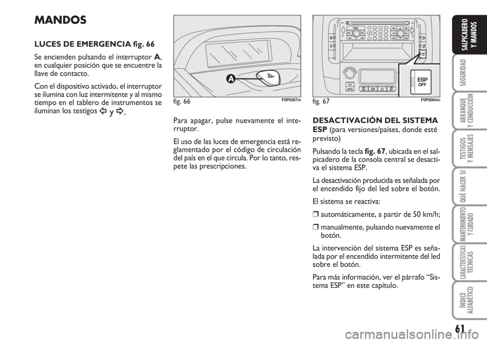 FIAT SCUDO 2011  Manual de Empleo y Cuidado (in Spanish) 61
SEGURIDAD
ARRANQUE
Y CONDUCCIÓN
TESTIGOS
Y MENSAJES
QUÉ HACER SI
MANTENIMIENTO
Y CUIDADO
CARACTERÍSTICASTÉCNICAS
ÍNDICE
ALFABÉTICO
SALPICADERO
Y MANDOS
MANDOS
LUCES DE EMERGENCIA fig. 66
Se e