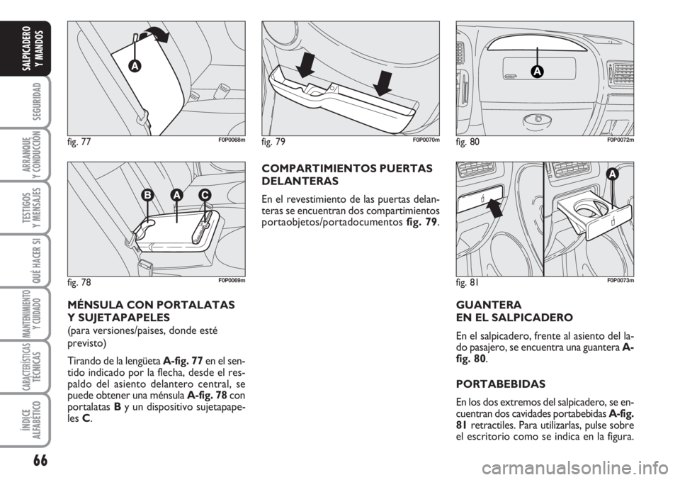 FIAT SCUDO 2011  Manual de Empleo y Cuidado (in Spanish) 66
SEGURIDAD
ARRANQUE
Y CONDUCCIÓN
TESTIGOS
Y MENSAJES
QUÉ HACER SI
MANTENIMIENTO
Y CUIDADO
CARACTERÍSTICASTÉCNICAS
ÍNDICE
ALFABÉTICO
SALPICADERO
Y MANDOS
MÉNSULA CON PORTALATAS
Y SUJETAPAPELES