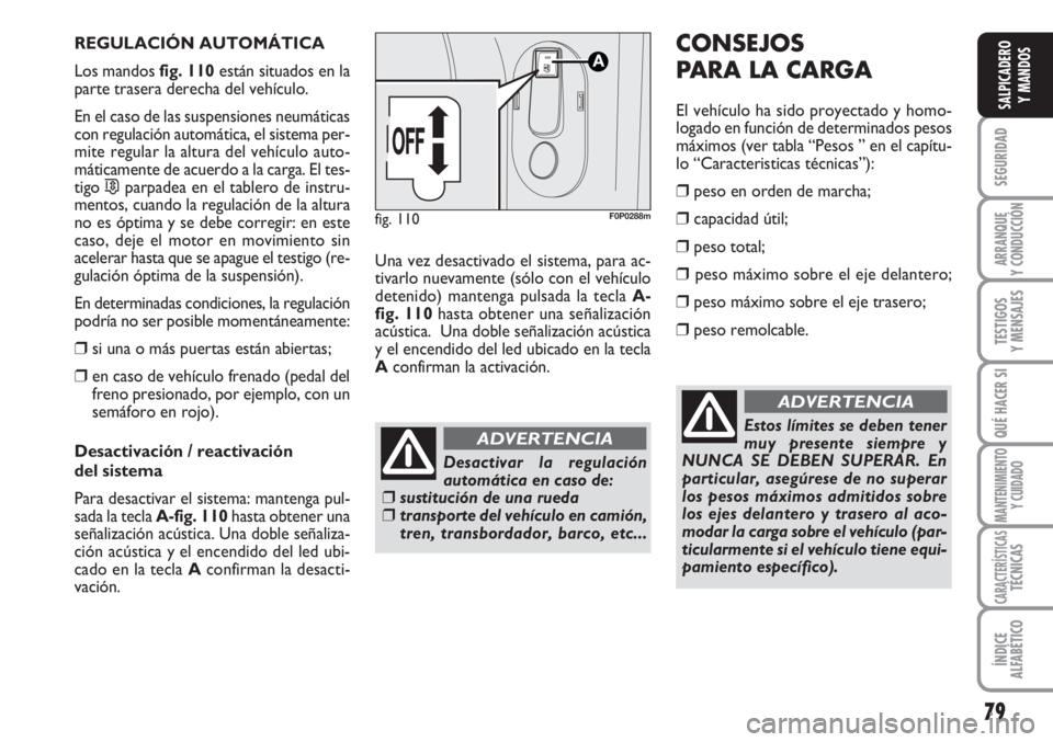 FIAT SCUDO 2011  Manual de Empleo y Cuidado (in Spanish) 79
SEGURIDAD
ARRANQUE
Y CONDUCCIÓN
TESTIGOS
Y MENSAJES
QUÉ HACER SI
MANTENIMIENTO
Y CUIDADO
CARACTERÍSTICASTÉCNICAS
ÍNDICE
ALFABÉTICO
SALPICADERO
Y MANDOS
REGULACIÓN AUTOMÁTICA
Los mandos fig.