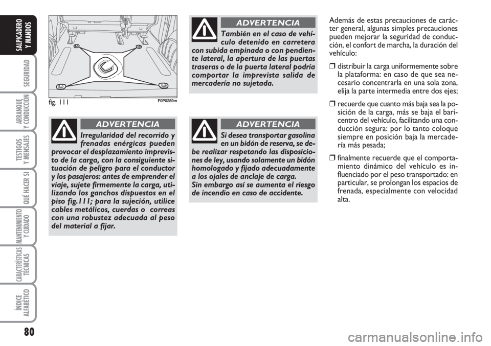 FIAT SCUDO 2011 Manual de Empleo y Cuidado (in Spanish) 80
SEGURIDAD
ARRANQUE
Y CONDUCCIÓN
TESTIGOS
Y MENSAJES
QUÉ HACER SI
MANTENIMIENTO
Y CUIDADO
CARACTERÍSTICASTÉCNICAS
ÍNDICE
ALFABÉTICO
SALPICADERO
Y MANDOS
fig. 111F0P0289m
Irregularidad del reco FIAT SCUDO 2011 Manual de Empleo y Cuidado (in Spanish) 80
SEGURIDAD
ARRANQUE
Y CONDUCCIÓN
TESTIGOS
Y MENSAJES
QUÉ HACER SI
MANTENIMIENTO
Y CUIDADO
CARACTERÍSTICASTÉCNICAS
ÍNDICE
ALFABÉTICO
SALPICADERO
Y MANDOS
fig. 111F0P0289m
Irregularidad del reco