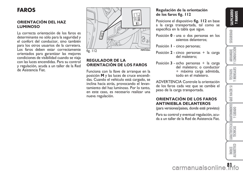 FIAT SCUDO 2011  Manual de Empleo y Cuidado (in Spanish) 81
SEGURIDAD
ARRANQUE
Y CONDUCCIÓN
TESTIGOS
Y MENSAJES
QUÉ HACER SI
MANTENIMIENTO
Y CUIDADO
CARACTERÍSTICASTÉCNICAS
ÍNDICE
ALFABÉTICO
SALPICADERO
Y MANDOS
FA R O S
ORIENTACIÓN DEL HAZ
LUMINOSO
