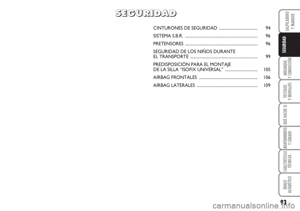 FIAT SCUDO 2011  Manual de Empleo y Cuidado (in Spanish) 93
ARRANQUE
Y CONDUCCIÓN
TESTIGOS
Y MENSAJES
QUÉ HACER SI
MANTENIMIENTO
Y CUIDADO
CARACTERÍSTICASTÉCNICAS
ÍNDICE
ALFABÉTICO
SALPICADERO
Y MANDOS
SEGURIDAD
CINTURONES DE SEGURIDAD ...............