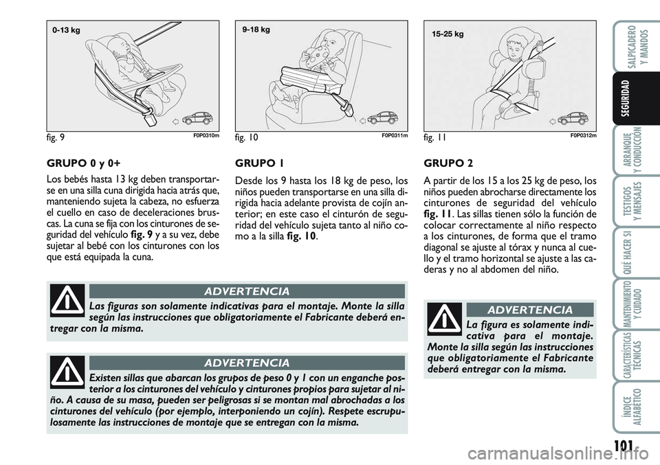 FIAT SCUDO 2012  Manual de Empleo y Cuidado (in Spanish) 101
ARRANQUE
Y CONDUCCIÓN
TESTIGOS
Y MENSAJES
QUÉ HACER SI
MANTENIMIENTO
Y CUIDADO
CARACTERÍSTICASTÉCNICAS
ÍNDICE
ALFABÉTICO
SALPICADERO
Y MANDOS
SEGURIDAD
GRUPO 0 y 0+
Los bebés hasta 13 kg de