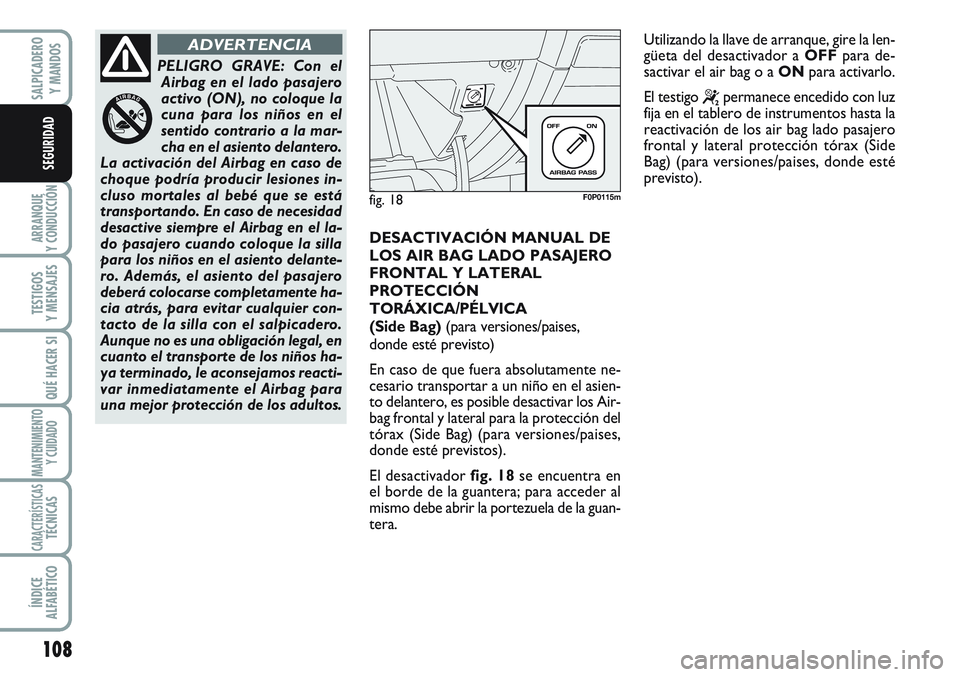 FIAT SCUDO 2012  Manual de Empleo y Cuidado (in Spanish) 108
ARRANQUE
Y CONDUCCIÓN
TESTIGOS
Y MENSAJES
QUÉ HACER SI
MANTENIMIENTO
Y CUIDADO
CARACTERÍSTICASTÉCNICAS
ÍNDICE
ALFABÉTICO
SALPICADERO
Y MANDOS
SEGURIDAD
DESACTIVACIÓN MANUAL DE
LOS AIR BAG L