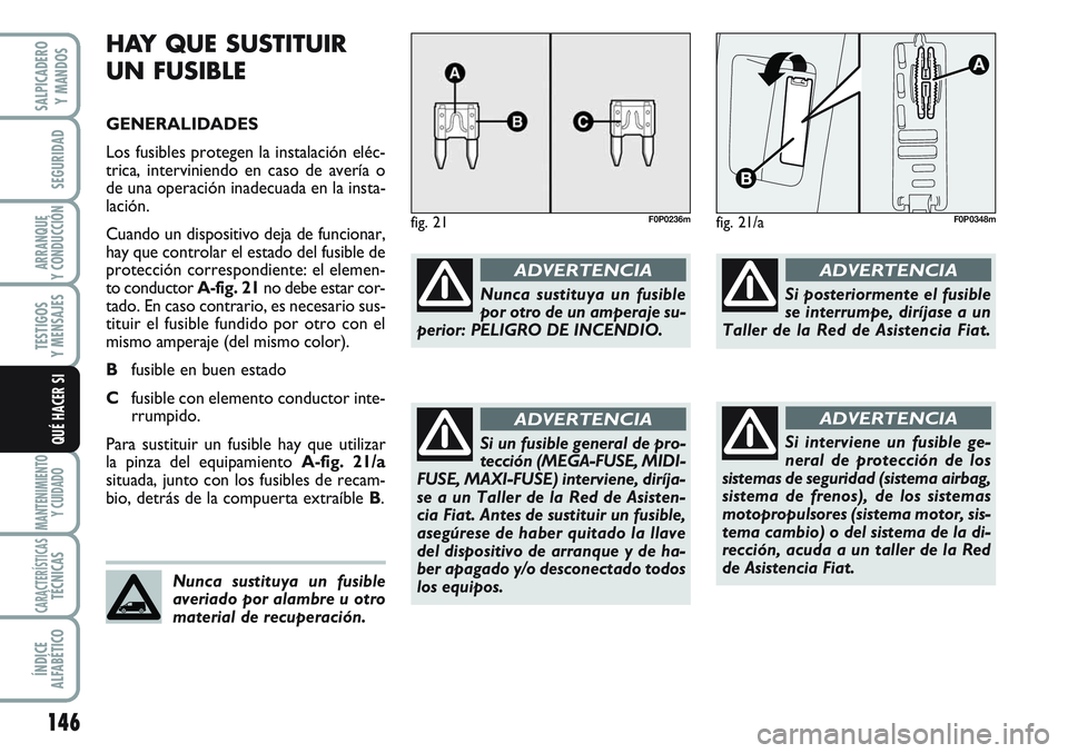 FIAT SCUDO 2012  Manual de Empleo y Cuidado (in Spanish) 146
SEGURIDAD
ARRANQUE
Y CONDUCCIÓN
TESTIGOS
Y MENSAJES
MANTENIMIENTO
Y CUIDADO
CARACTERÍSTICASTÉCNICAS
ÍNDICE
ALFABÉTICO
SALPICADERO
Y MANDOS
QUÉ HACER SI
HAY QUE SUSTITUIR
UN FUSIBLE
GENERALID