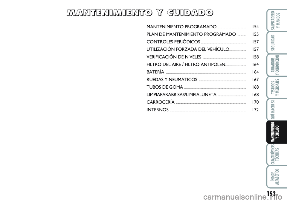 FIAT SCUDO 2012  Manual de Empleo y Cuidado (in Spanish) 153
SEGURIDAD
ARRANQUE
Y CONDUCCIÓN
TESTIGOS
Y MENSAJES
CARACTERÍSTICASTÉCNICAS
ÍNDICE
ALFABÉTICO
SALPICADERO
Y MANDOS
QUÉ HACER SI
MANTENIMIENTO
Y CUIDADO
MANTENIMIENTO PROGRAMADO .............