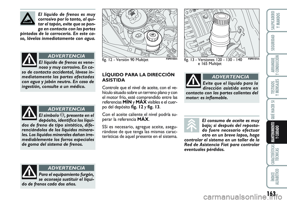 FIAT SCUDO 2012  Manual de Empleo y Cuidado (in Spanish) 163
SEGURIDAD
ARRANQUE
Y CONDUCCIÓN
TESTIGOS
Y MENSAJES
CARACTERÍSTICASTÉCNICAS
ÍNDICE
ALFABÉTICO
SALPICADERO
Y MANDOS
QUÉ HACER SI
MANTENIMIENTO
Y CUIDADO
El líquido de frenos es muy
corrosivo