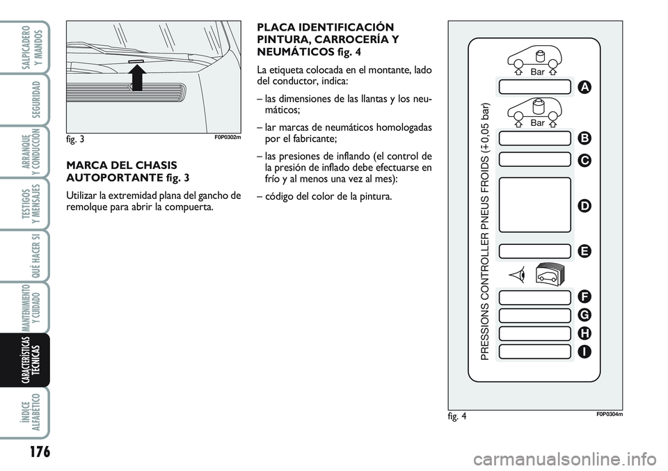 FIAT SCUDO 2012 Manual de Empleo y Cuidado (in Spanish) PLACA IDENTIFICACIÓN
PINTURA, CARROCERÍA Y
NEUMÁTICOS fig. 4
La etiqueta colocada en el montante, lado
del conductor, indica:
– las dimensiones de las llantas y los neu-
máticos;
– lar marcas FIAT SCUDO 2012 Manual de Empleo y Cuidado (in Spanish) PLACA IDENTIFICACIÓN
PINTURA, CARROCERÍA Y
NEUMÁTICOS fig. 4
La etiqueta colocada en el montante, lado
del conductor, indica:
– las dimensiones de las llantas y los neu-
máticos;
– lar marcas