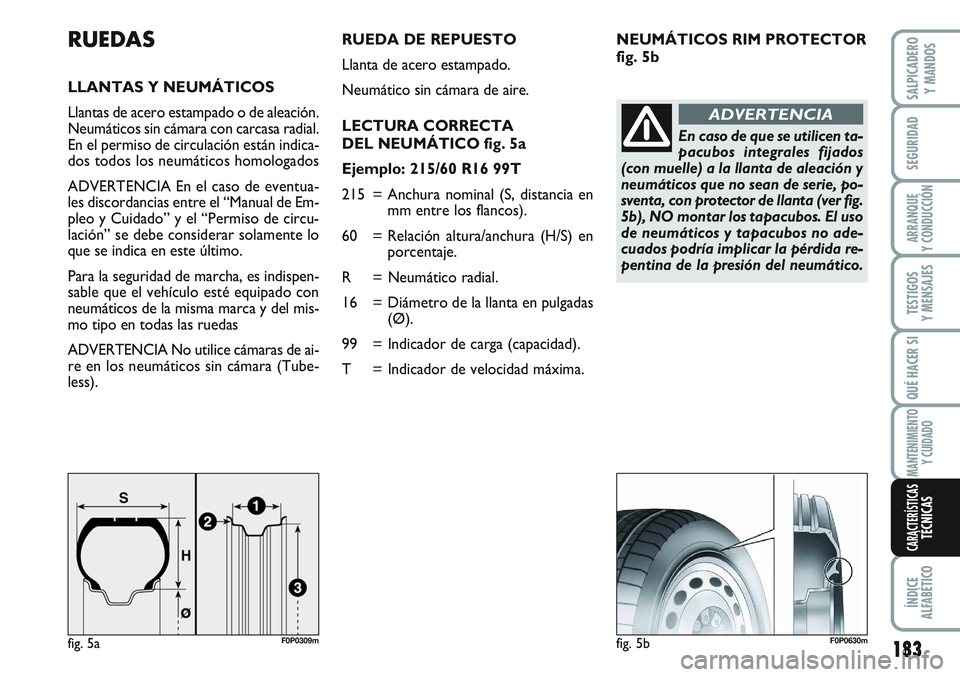 FIAT SCUDO 2012 Manual de Empleo y Cuidado (in Spanish) NEUMÁTICOS RIM PROTECTOR
fig. 5bRUEDAS
LLANTAS Y NEUMÁTICOS
Llantas de acero estampado o de aleación.
Neumáticos sin cámara con carcasa radial.
En el permiso de circulación están indica-
dos to FIAT SCUDO 2012 Manual de Empleo y Cuidado (in Spanish) NEUMÁTICOS RIM PROTECTOR
fig. 5bRUEDAS
LLANTAS Y NEUMÁTICOS
Llantas de acero estampado o de aleación.
Neumáticos sin cámara con carcasa radial.
En el permiso de circulación están indica-
dos to