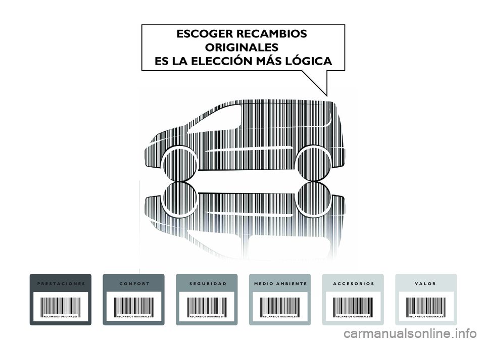 FIAT SCUDO 2012  Manual de Empleo y Cuidado (in Spanish) ESCOGER RECAMBIOS 
ORIGINALES
ES LA ELECCIÓN MÁS LÓGICA
PRESTACIONES
RECAMBIOS ORIGINALES
CONFORT
RECAMBIOS ORIGINALES 
SEGURIDAD
RECAMBIOS ORIGINALES
MEDIO AMBIENTE
RECAMBIOS ORIGINALES
VALOR
RECA