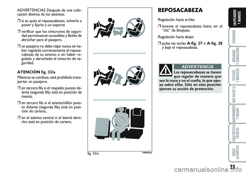 FIAT SCUDO 2012 Manual de Empleo y Cuidado (in Spanish) 23
SEGURIDAD
ARRANQUE
Y CONDUCCIÓN
TESTIGOS
Y MENSAJES
QUÉ HACER SI
MANTENIMIENTO
Y CUIDADO
CARACTERÍSTICASTÉCNICAS
ÍNDICE
ALFABÉTICO
SALPICADERO
Y MANDOS
REPOSACABEZA
Regulación hacia arriba:
FIAT SCUDO 2012 Manual de Empleo y Cuidado (in Spanish) 23
SEGURIDAD
ARRANQUE
Y CONDUCCIÓN
TESTIGOS
Y MENSAJES
QUÉ HACER SI
MANTENIMIENTO
Y CUIDADO
CARACTERÍSTICASTÉCNICAS
ÍNDICE
ALFABÉTICO
SALPICADERO
Y MANDOS
REPOSACABEZA
Regulación hacia arriba: