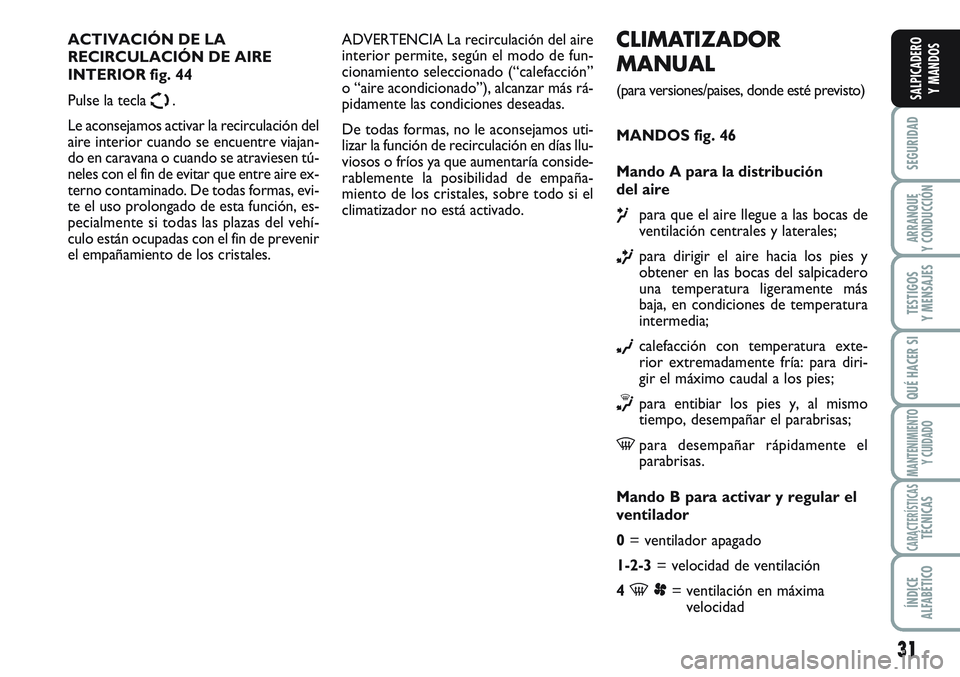 FIAT SCUDO 2012  Manual de Empleo y Cuidado (in Spanish) 31
SEGURIDAD
ARRANQUE
Y CONDUCCIÓN
TESTIGOS
Y MENSAJES
QUÉ HACER SI
MANTENIMIENTO
Y CUIDADO
CARACTERÍSTICASTÉCNICAS
ÍNDICE
ALFABÉTICO
SALPICADERO
Y MANDOS
CLIMATIZADOR
MANUAL
(para versiones/pai