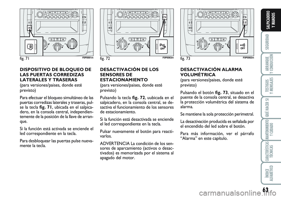 FIAT SCUDO 2012 Manual de Empleo y Cuidado (in Spanish) 63
SEGURIDAD
ARRANQUE
Y CONDUCCIÓN
TESTIGOS
Y MENSAJES
QUÉ HACER SI
MANTENIMIENTO
Y CUIDADO
CARACTERÍSTICASTÉCNICAS
ÍNDICE
ALFABÉTICO
SALPICADERO
Y MANDOS
DESACTIVACIÓN ALARMA
VOLUMÉTRICA
(par FIAT SCUDO 2012 Manual de Empleo y Cuidado (in Spanish) 63
SEGURIDAD
ARRANQUE
Y CONDUCCIÓN
TESTIGOS
Y MENSAJES
QUÉ HACER SI
MANTENIMIENTO
Y CUIDADO
CARACTERÍSTICASTÉCNICAS
ÍNDICE
ALFABÉTICO
SALPICADERO
Y MANDOS
DESACTIVACIÓN ALARMA
VOLUMÉTRICA
(par