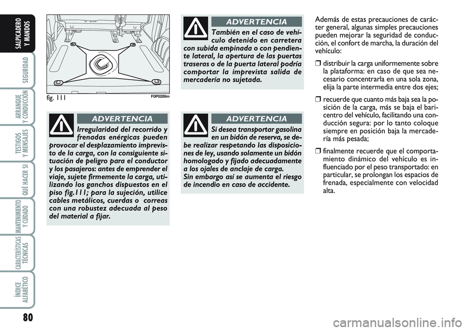 FIAT SCUDO 2012 Manual de Empleo y Cuidado (in Spanish) 80
SEGURIDAD
ARRANQUE
Y CONDUCCIÓN
TESTIGOS
Y MENSAJES
QUÉ HACER SI
MANTENIMIENTO
Y CUIDADO
CARACTERÍSTICASTÉCNICAS
ÍNDICE
ALFABÉTICO
SALPICADERO
Y MANDOS
fig. 111F0P0289m
Irregularidad del reco FIAT SCUDO 2012 Manual de Empleo y Cuidado (in Spanish) 80
SEGURIDAD
ARRANQUE
Y CONDUCCIÓN
TESTIGOS
Y MENSAJES
QUÉ HACER SI
MANTENIMIENTO
Y CUIDADO
CARACTERÍSTICASTÉCNICAS
ÍNDICE
ALFABÉTICO
SALPICADERO
Y MANDOS
fig. 111F0P0289m
Irregularidad del reco