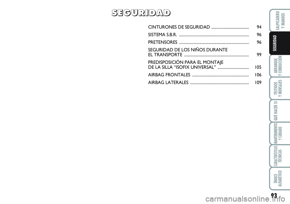 FIAT SCUDO 2012  Manual de Empleo y Cuidado (in Spanish) 93
ARRANQUE
Y CONDUCCIÓN
TESTIGOS
Y MENSAJES
QUÉ HACER SI
MANTENIMIENTO
Y CUIDADO
CARACTERÍSTICASTÉCNICAS
ÍNDICE
ALFABÉTICO
SALPICADERO
Y MANDOS
SEGURIDAD
CINTURONES DE SEGURIDAD ...............