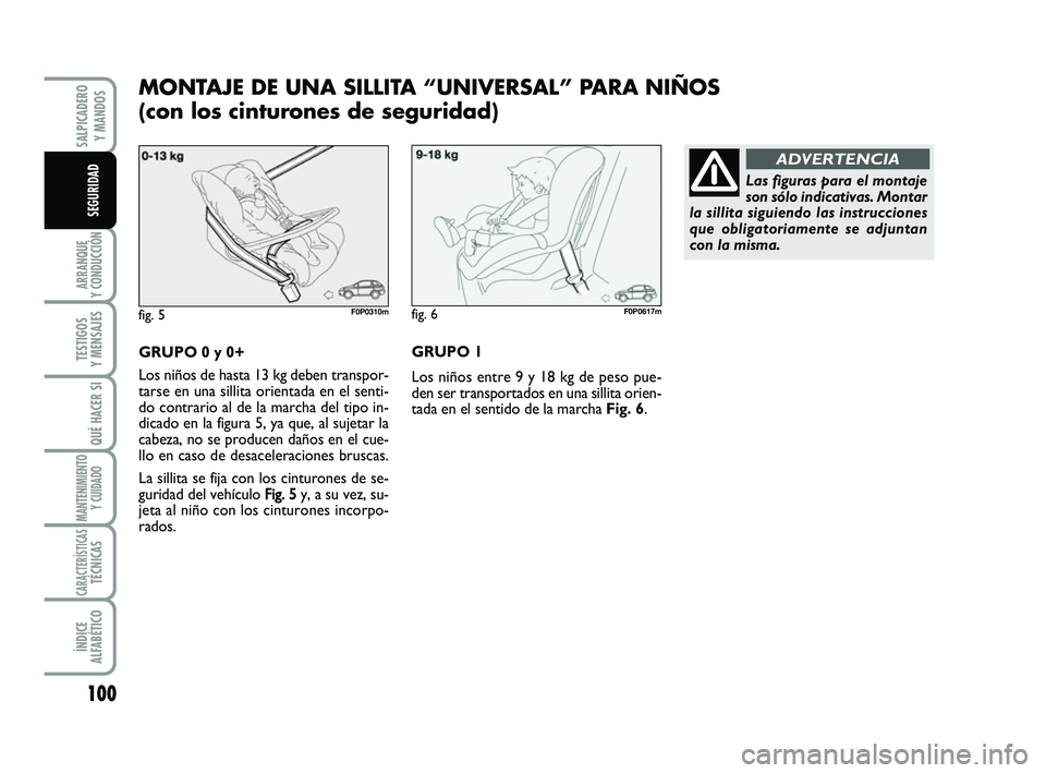 FIAT SCUDO 2013  Manual de Empleo y Cuidado (in Spanish) 100
ARRANQUE 
Y CONDUCCIÓN
TESTIGOS 
Y MENSAJES
QUÉ HACER SI
MANTENIMIENTO
Y CUIDADO
CARACTERÍSTICASTÉCNICAS
ÍNDICE 
ALFABÉTICO
SALPICADERO 
Y MANDOS
SEGURIDAD
GRUPO 0 y 0+
Los niños de hasta 1