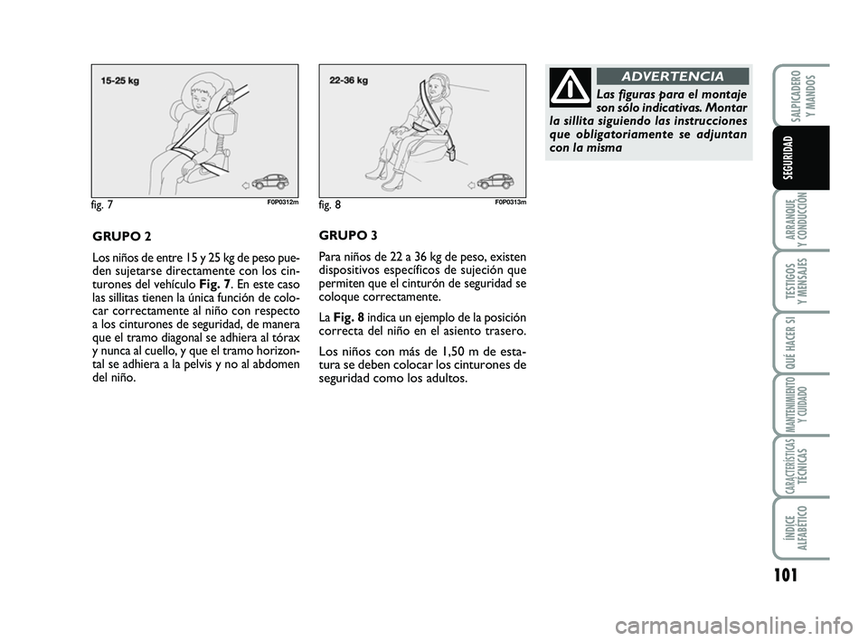 FIAT SCUDO 2013  Manual de Empleo y Cuidado (in Spanish) 101
ARRANQUE 
Y CONDUCCIÓN
TESTIGOS 
Y MENSAJES
QUÉ HACER SI
MANTENIMIENTO
Y CUIDADO
CARACTERÍSTICASTÉCNICAS
ÍNDICE 
ALFABÉTICO
SALPICADERO 
Y MANDOS
SEGURIDAD
fig. 7F0P0312m
GRUPO 2
Los niños 