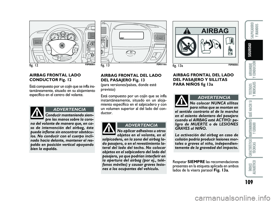 FIAT SCUDO 2013  Manual de Empleo y Cuidado (in Spanish) 109
ARRANQUE 
Y CONDUCCIÓN
TESTIGOS 
Y MENSAJES
QUÉ HACER SI
MANTENIMIENTO
Y CUIDADO
CARACTERÍSTICASTÉCNICAS
ÍNDICE 
ALFABÉTICO
SALPICADERO 
Y MANDOS
SEGURIDAD
No aplicar adhesivos u otros
objet