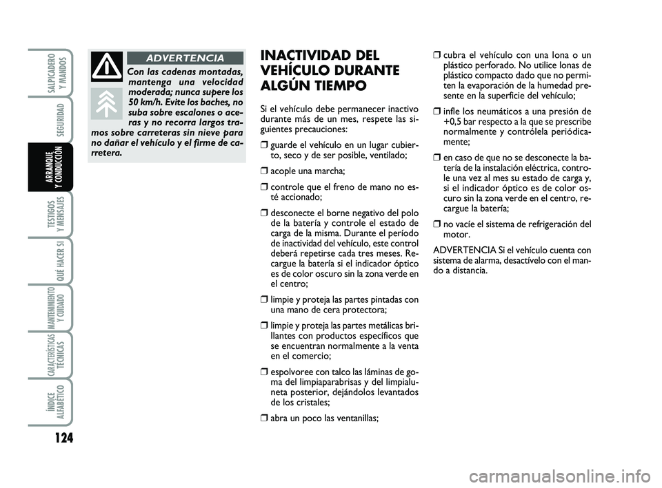 FIAT SCUDO 2013  Manual de Empleo y Cuidado (in Spanish) 124
SEGURIDAD
TESTIGOS 
Y MENSAJES
QUÉ HACER SI
MANTENIMIENTO
Y CUIDADO
CARACTERÍSTICASTÉCNICAS
ÍNDICE 
ALFABÉTICO
SALPICADERO 
Y MANDOS
ARRANQUE 
Y CONDUCCIÓN
INACTIVIDAD DEL
VEHÍCULO DURANTE
