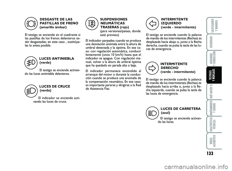 FIAT SCUDO 2013  Manual de Empleo y Cuidado (in Spanish) LUCES DE CRUCE
(verde)
El indicador se enciende acti-
vando las luces de cruce.
133
SEGURIDAD
ARRANQUE 
Y CONDUCCIÓN
QUÉ HACER SI
MANTENIMIENTO
Y CUIDADO
CARACTERÍSTICASTÉCNICAS
ÍNDICE 
ALFABÉTI