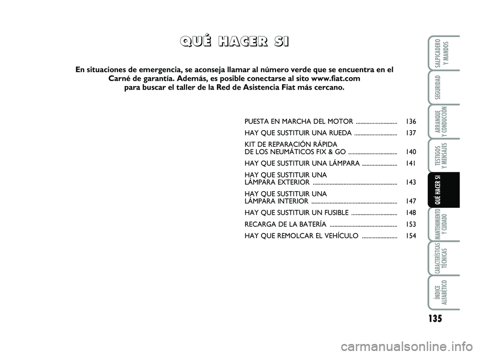 FIAT SCUDO 2013  Manual de Empleo y Cuidado (in Spanish) 135
SEGURIDAD
ARRANQUE  Y CONDUCCIÓN
TESTIGOS  Y MENSAJES
MANTENIMIENTO Y CUIDADO
CARACTERÍSTICASTÉCNICAS
ÍNDICE  ALFABÉTICO
SALPICADERO  Y MANDOS
QUÉ HACER SI
PUESTA EN MARCHA DEL MOTOR  ......