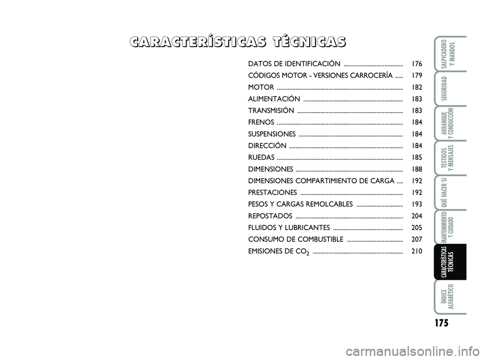 FIAT SCUDO 2013  Manual de Empleo y Cuidado (in Spanish) DATOS DE IDENTIFICACIÓN  ...................................... 176 
CÓDIGOS MOTOR - VERSIONES CARROCERÍA ..... 179 
MOTOR ..........................................................................