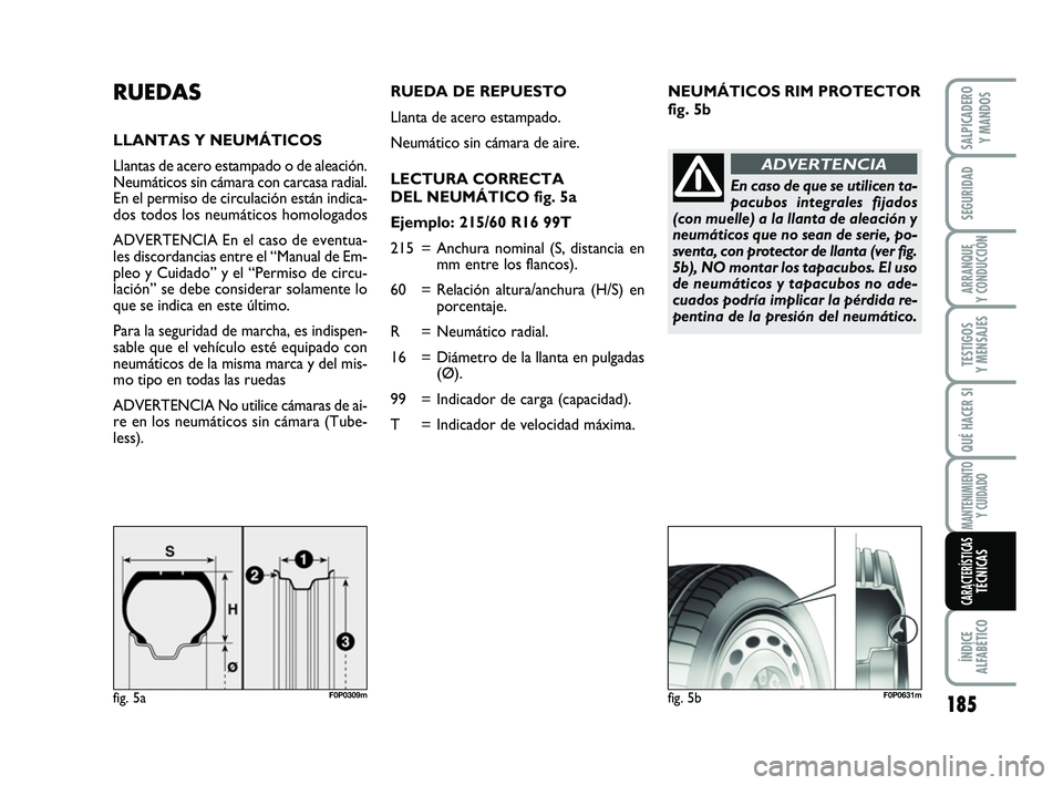 FIAT SCUDO 2013  Manual de Empleo y Cuidado (in Spanish) NEUMÁTICOS RIM PROTECTOR
fig. 5bRUEDAS
LLANTAS Y NEUMÁTICOS
Llantas de acero estampado o de aleación.
Neumáticos sin cámara con carcasa radial.
En el permiso de circulación están indica-
dos to