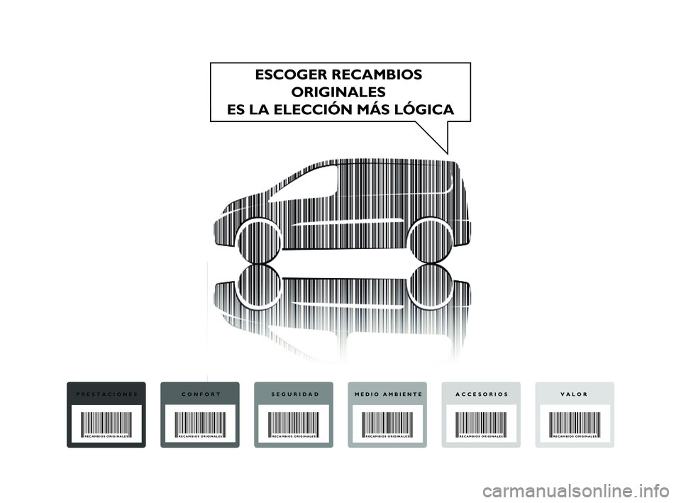 FIAT SCUDO 2013  Manual de Empleo y Cuidado (in Spanish) ESCOGER RECAMBIOS 
ORIGINALES 
ES LA ELECCIÓN MÁS LÓGICA
PRESTACIONES
RECAMBIOS ORIGINALES
CONFORT
RECAMBIOS ORIGINALES 
SEGURIDAD
RECAMBIOS ORIGINALES
MEDIO AMBIENTE
RECAMBIOS ORIGINALES
VALOR
REC