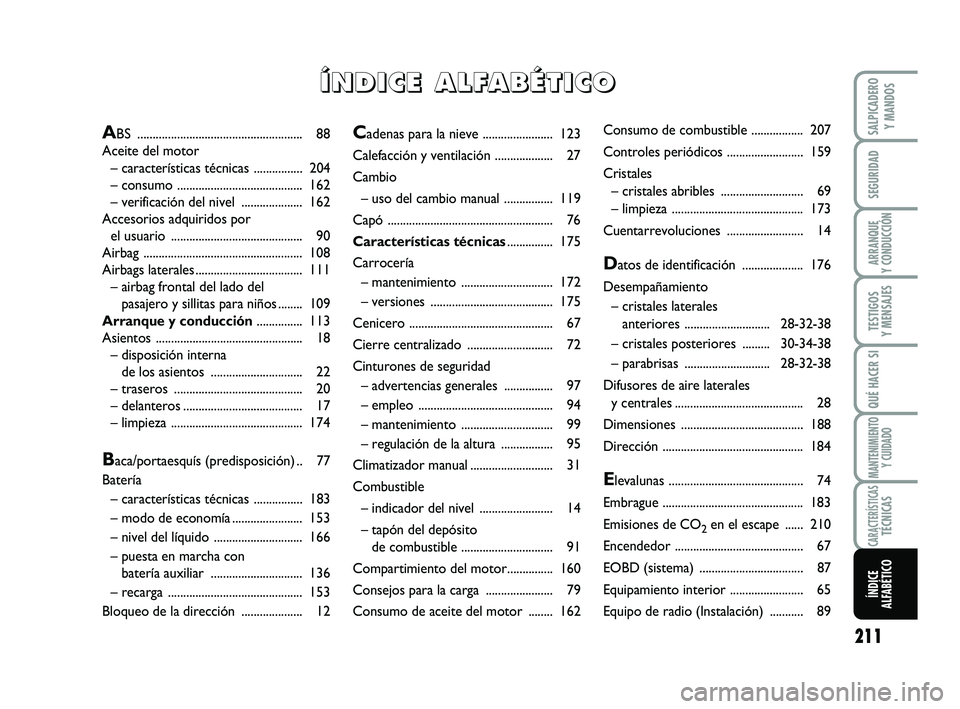 FIAT SCUDO 2013  Manual de Empleo y Cuidado (in Spanish) 211
SEGURIDAD
ARRANQUE 
Y CONDUCCIÓN
TESTIGOS 
Y MENSAJES
QUÉ HACER SI
MANTENIMIENTO
Y CUIDADO
SALPICADERO 
Y MANDOS
CARACTERÍSTICASTÉCNICAS
ÍNDICE 
ALFABÉTICO
Cadenas para la nieve ............