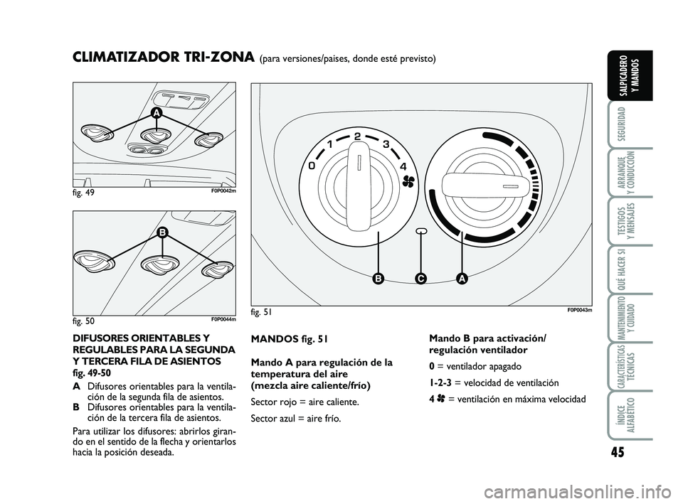 FIAT SCUDO 2013 Manual de Empleo y Cuidado (in Spanish) 45
SEGURIDAD
ARRANQUE
Y CONDUCCIÓN
TESTIGOS
Y MENSAJES
QUÉ HACER SI
MANTENIMIENTO
Y CUIDADO
CARACTERÍSTICASTÉCNICAS
ÍNDICE
ALFABÉTICO
SALPICADERO
Y MANDOS
MANDOS fig. 51
Mando A para regulac FIAT SCUDO 2013 Manual de Empleo y Cuidado (in Spanish) 45
SEGURIDAD
ARRANQUE
Y CONDUCCIÓN
TESTIGOS
Y MENSAJES
QUÉ HACER SI
MANTENIMIENTO
Y CUIDADO
CARACTERÍSTICASTÉCNICAS
ÍNDICE
ALFABÉTICO
SALPICADERO
Y MANDOS
MANDOS fig. 51
Mando A para regulac