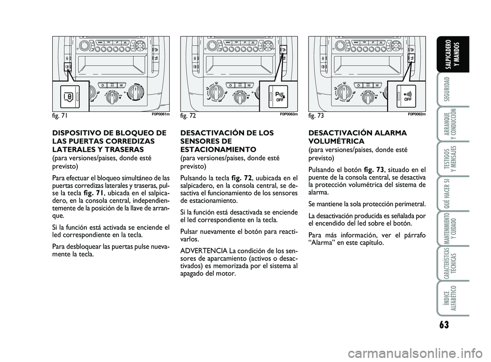 FIAT SCUDO 2013  Manual de Empleo y Cuidado (in Spanish) 63
SEGURIDAD
ARRANQUE 
Y CONDUCCIÓN
TESTIGOS 
Y MENSAJES
QUÉ HACER SI
MANTENIMIENTO
Y CUIDADO
CARACTERÍSTICASTÉCNICAS
ÍNDICE 
ALFABÉTICO
SALPICADERO 
Y MANDOS
DESACTIVACIÓN ALARMA
VOLUMÉTRICA
