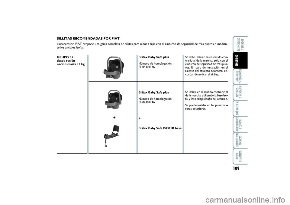 FIAT SCUDO 2014  Manual de Empleo y Cuidado (in Spanish) 109
ARRANQUE 
Y CONDUCCIÓNTESTIGOS 
Y MENSAJESQUÉ HACER SIMANTENIMIENTO
Y CUIDADOCARACTERÍSTICASTÉCNICASÍNDICE 
ALFABÉTICOSALPICADERO 
Y MANDOSSEGURIDAD
SILLITAS RECOMENDADAS POR FIAT 
Lineacces