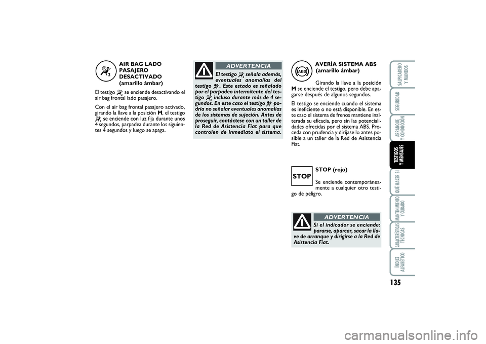 FIAT SCUDO 2014 Manual de Empleo y Cuidado (in Spanish) 135
SEGURIDADARRANQUE
Y CONDUCCIÓNQUÉ HACER SIMANTENIMIENTO
Y CUIDADOCARACTERÍSTICASTÉCNICASÍNDICE
ALFABÉTICOSALPICADERO
Y MANDOSTESTIGOS
Y MENSAJES
STOP (rojo)
Se enciende contemporánea-
m FIAT SCUDO 2014 Manual de Empleo y Cuidado (in Spanish) 135
SEGURIDADARRANQUE
Y CONDUCCIÓNQUÉ HACER SIMANTENIMIENTO
Y CUIDADOCARACTERÍSTICASTÉCNICASÍNDICE
ALFABÉTICOSALPICADERO
Y MANDOSTESTIGOS
Y MENSAJES
STOP (rojo)
Se enciende contemporánea-
m