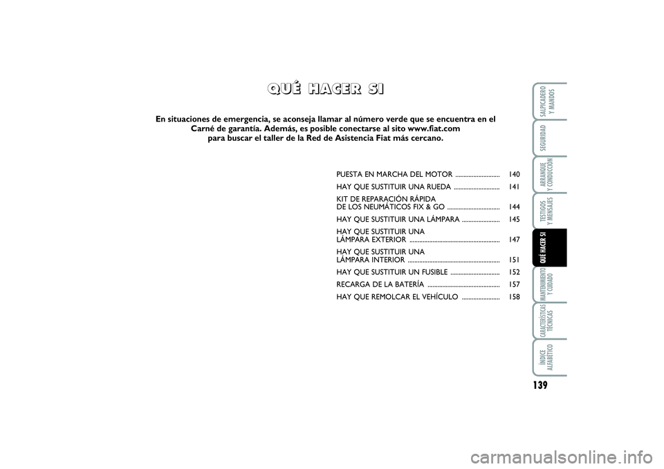 FIAT SCUDO 2014  Manual de Empleo y Cuidado (in Spanish) 139
SEGURIDADARRANQUE 
Y CONDUCCIÓNTESTIGOS 
Y MENSAJESMANTENIMIENTO
Y CUIDADOCARACTERÍSTICASTÉCNICASÍNDICE 
ALFABÉTICOSALPICADERO 
Y MANDOSQUÉ HACER SI
PUESTA EN MARCHA DEL MOTOR  .............