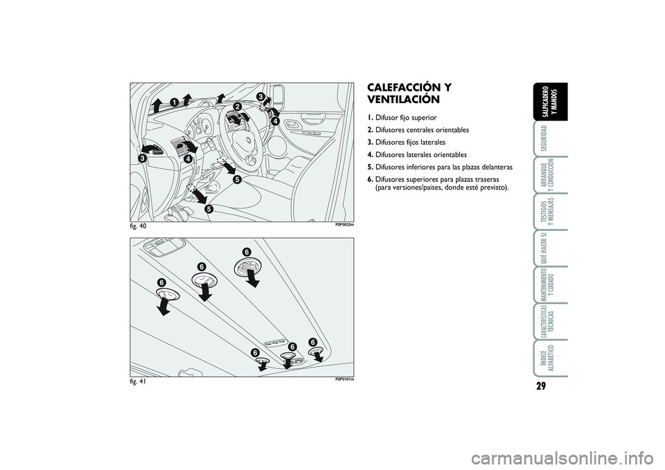 FIAT SCUDO 2014  Manual de Empleo y Cuidado (in Spanish) 29
SEGURIDADARRANQUE 
Y CONDUCCIÓNTESTIGOS 
Y MENSAJESQUÉ HACER SIMANTENIMIENTO
Y CUIDADOCARACTERÍSTICASTÉCNICASÍNDICE 
ALFABÉTICOSALPICADERO 
Y MANDOS
CALEFACCIÓN Y
VENTILACIÓN1.Difusor fijo 